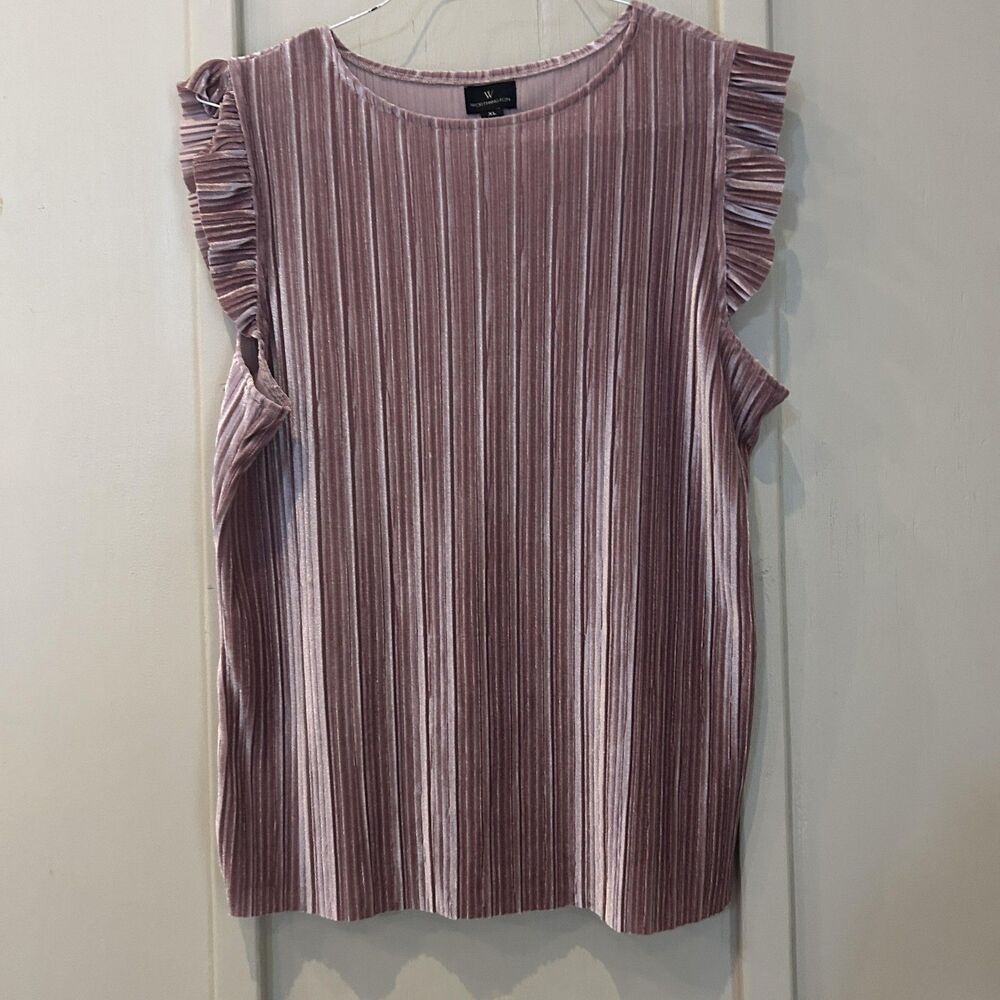 Worthington Blouse Womens XL Pink Velour Pleated Sleeveless Ruffle Trim Top